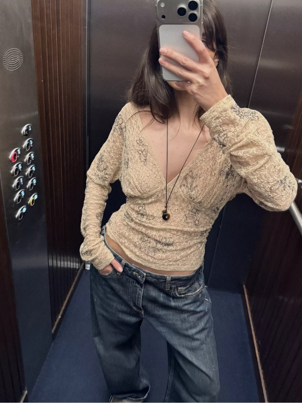 Zara Embroidered Beaded Beige Lace V-Neck Long Sleeve Blouse